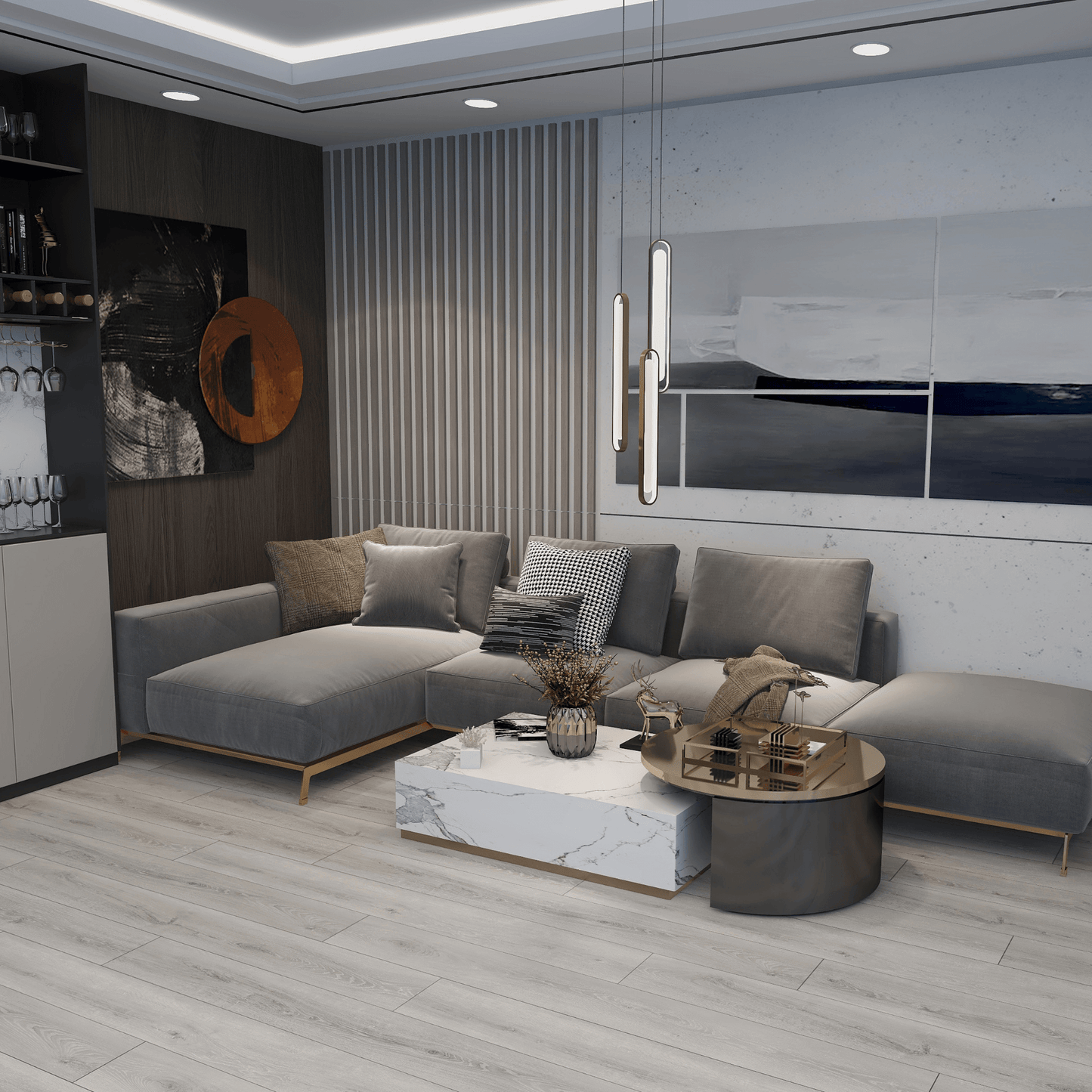 Vinyl-Klickboden in Grau-Eiche, 1,75 m² pro 8er-Packung