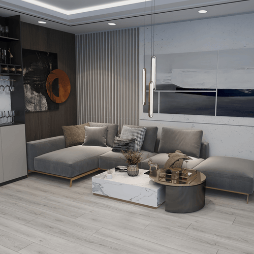 Vinyl-Klickboden in Grau-Eiche, 1,75 m² pro 8er-Packung